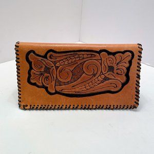 Vintage Tooled Leather Flowers Checkbook Wallet/Money Holder